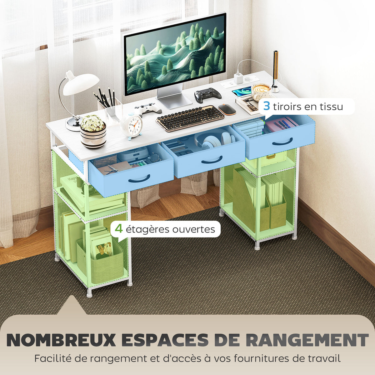 Bureau avec rangement avec prises de courant, 3 tiroirs en tissu et 4 étagères de rangement, 120 x 40 x 76 cm, blanc