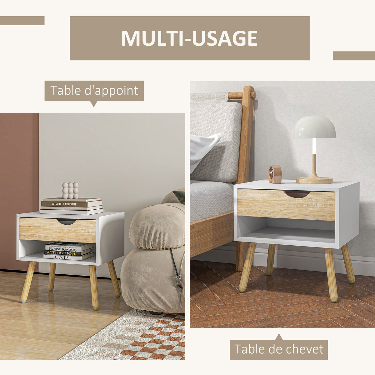 Lot de 2 Tables de Nuit tiroir Niche Design Moderne Panneau de Particules Classe E1 Pieds en Bois Massif 50 x 39 x 51 cm