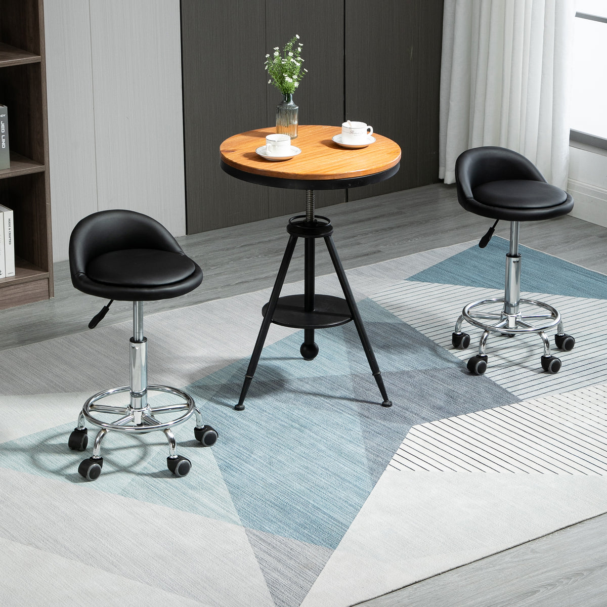 Lot de 2 tabouret à roulette pivotant 360°, assise réglable 47-62H cm, acier chromé revêtement synthétique noir