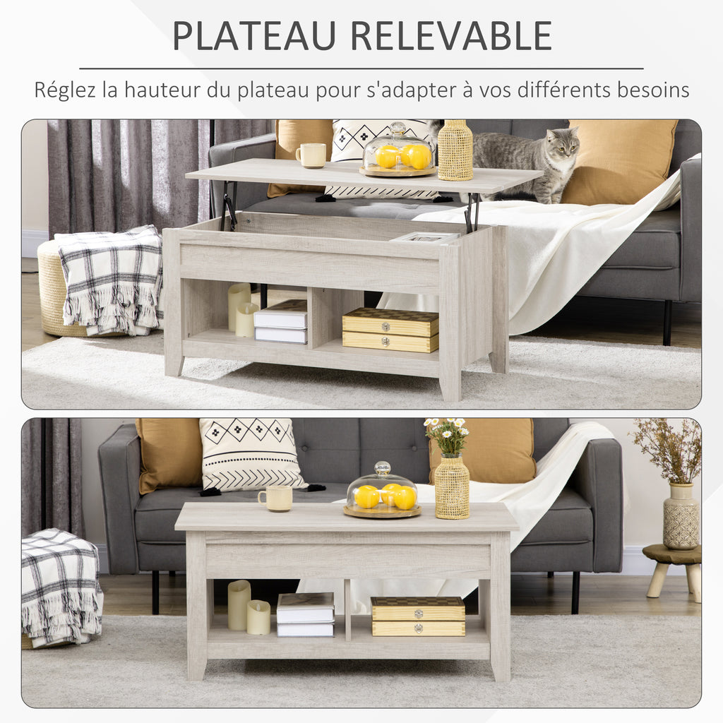 Table basse plateau relevable, table de salon avec étagères et compartiment caché,105 x 50 x 49-62,5 cm pour salon, chambre, aspect chêne clair