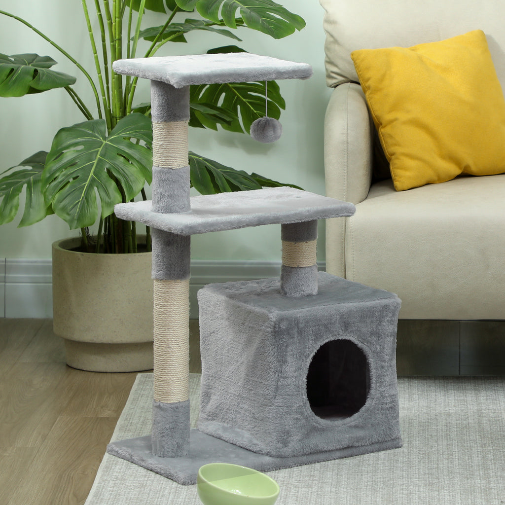 Arbre à chat tour de jeux pour chats poteaux en sisal, 2 plate-forme, niche, balle, tissu peluche, 50x30x81,5cm, gris