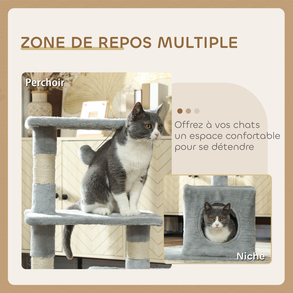 Arbre à chat tour de jeux pour chats poteaux en sisal, 2 plate-forme, niche, balle, tissu peluche, 50x30x81,5cm, gris