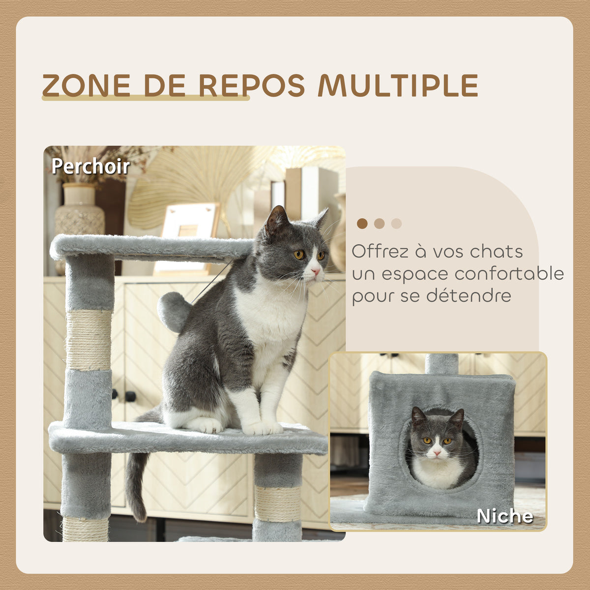 Arbre à chat tour de jeux pour chats poteaux en sisal, 2 plate-forme, niche, balle, tissu peluche, 50x30x81,5cm, gris
