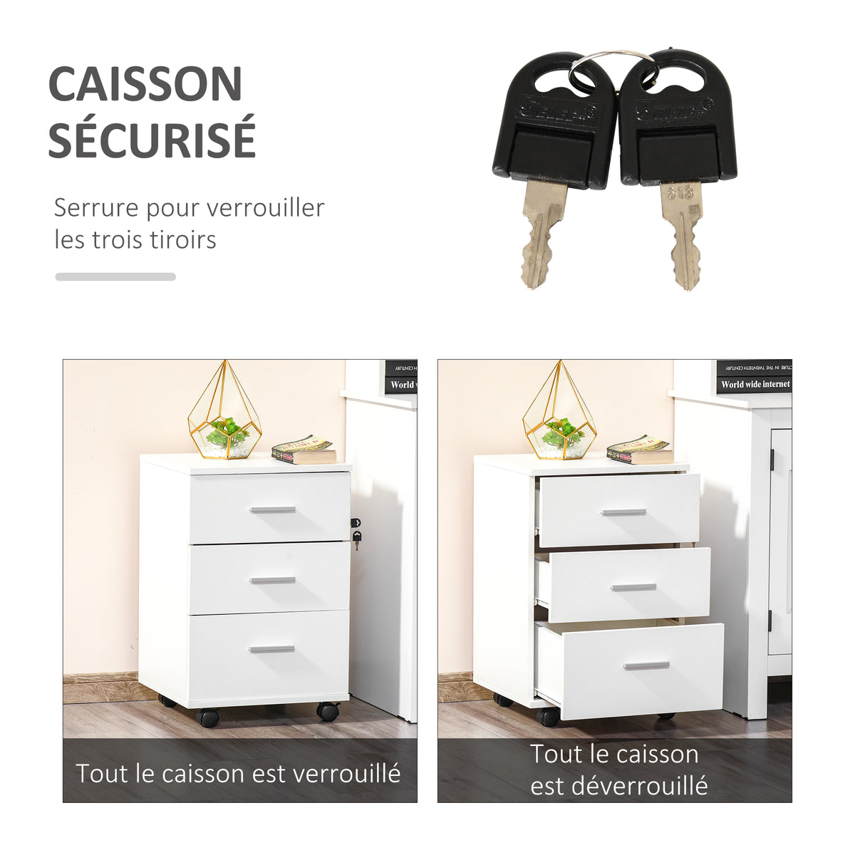Caisson de Bureau Rangement Bureau sur Roulettes 3 Tiroirs Verrouillables 40 x 40 x 61,5 cm Blanc