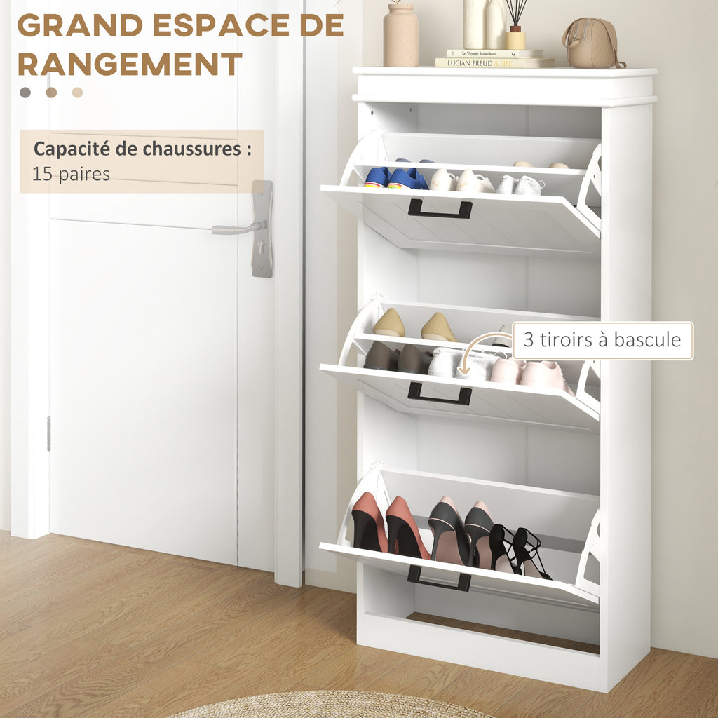 Meuble à chaussures, 3 portes abattants 15 paires, étagères réglables, pour entrée, couloir, 54 x 24 x 117,5 cm, blanc