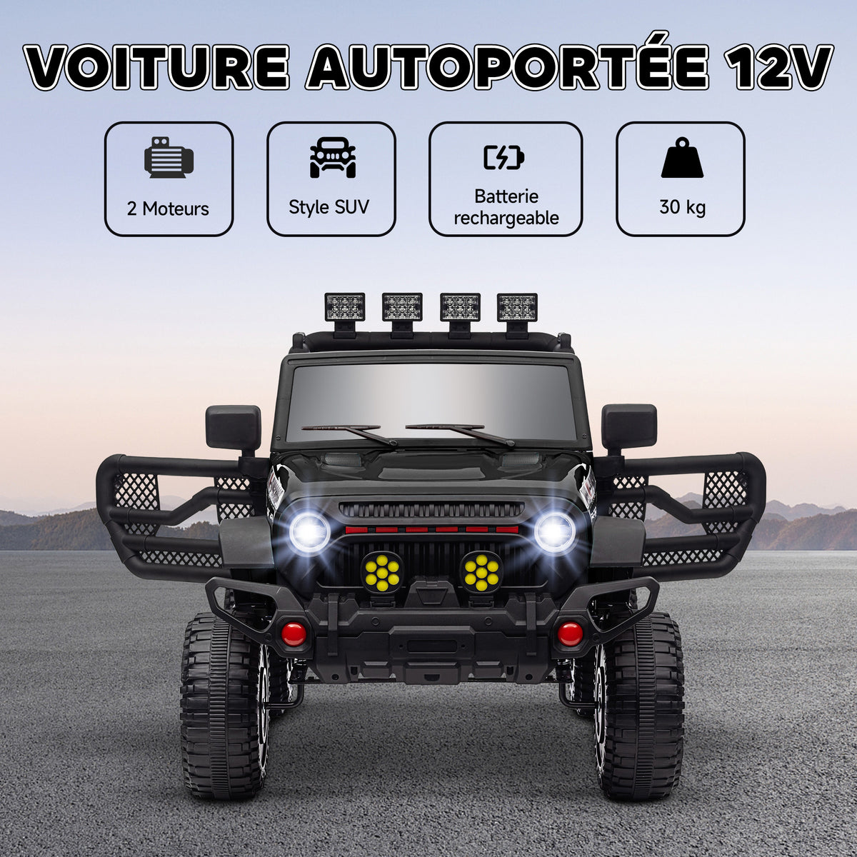 Voiture électrique enfants UTV avec télécommande 2,4G, 2 moteurs 12 V, musique, klaxon, lumières LED, 100x63x65cm, noir