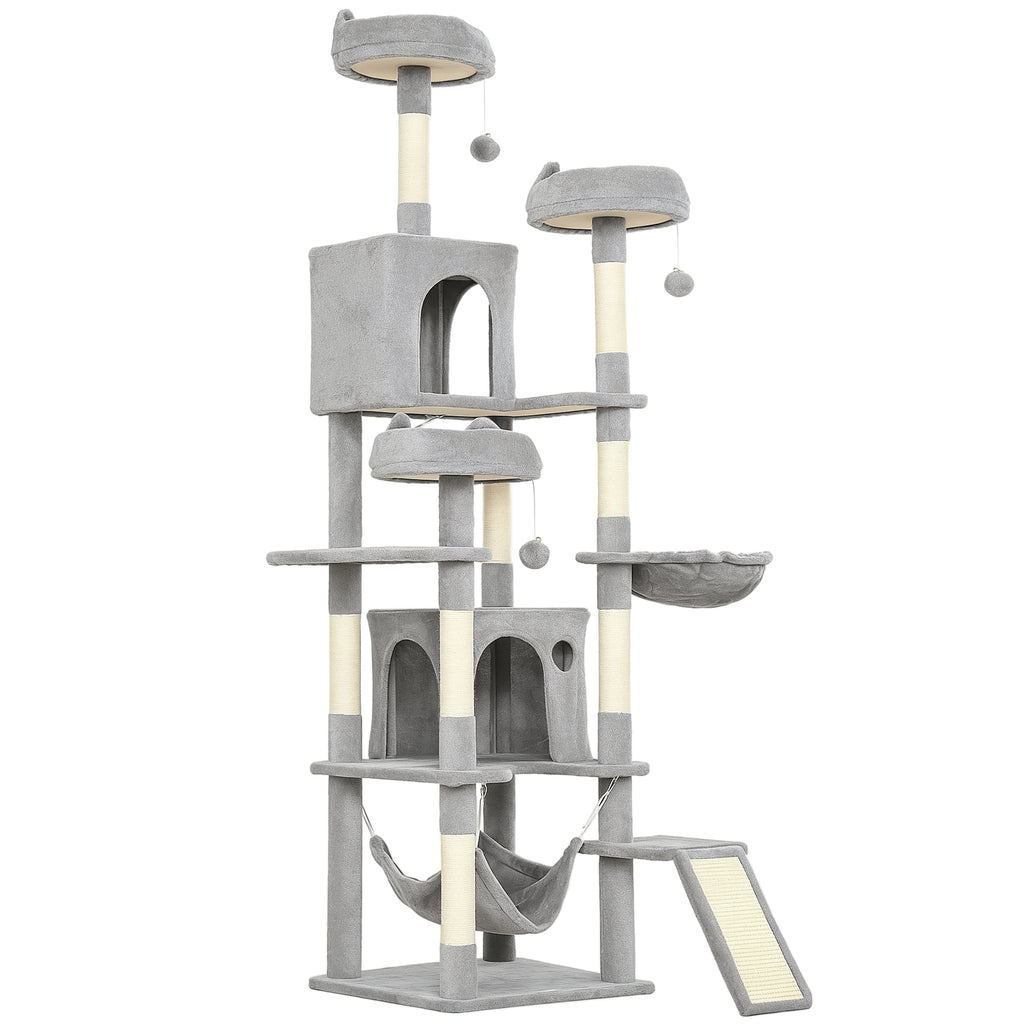 Arbre à chat tour de jeux pour chat 8 poteaux à griffer 4 plateformes 2 niches  échelle et 3 boules hauteur 192 cm gris
