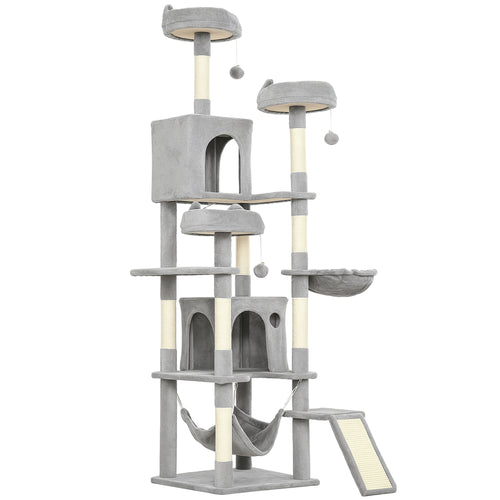 Arbre à chat tour de jeux pour chat 8 poteaux à griffer 4 plateformes 2 niches  échelle et 3 boules hauteur 192 cm gris