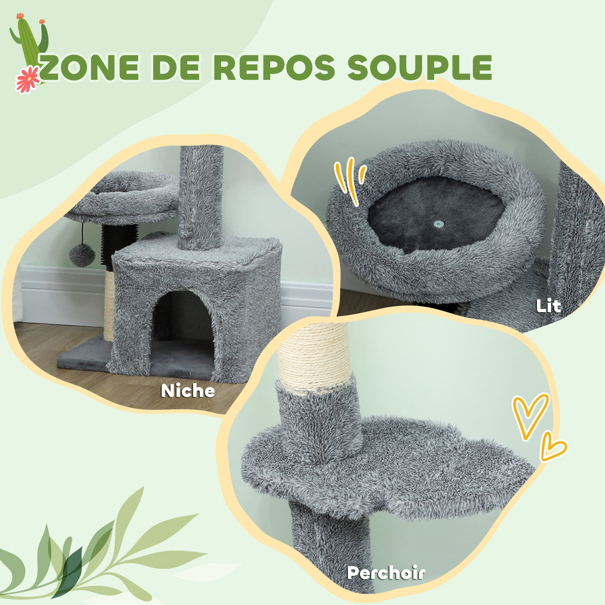 Arbre à chat du sol au plafond, tour à chat réglable en hauteur 225-255 cm à plusieurs niveaux, revêtement peluche, gris