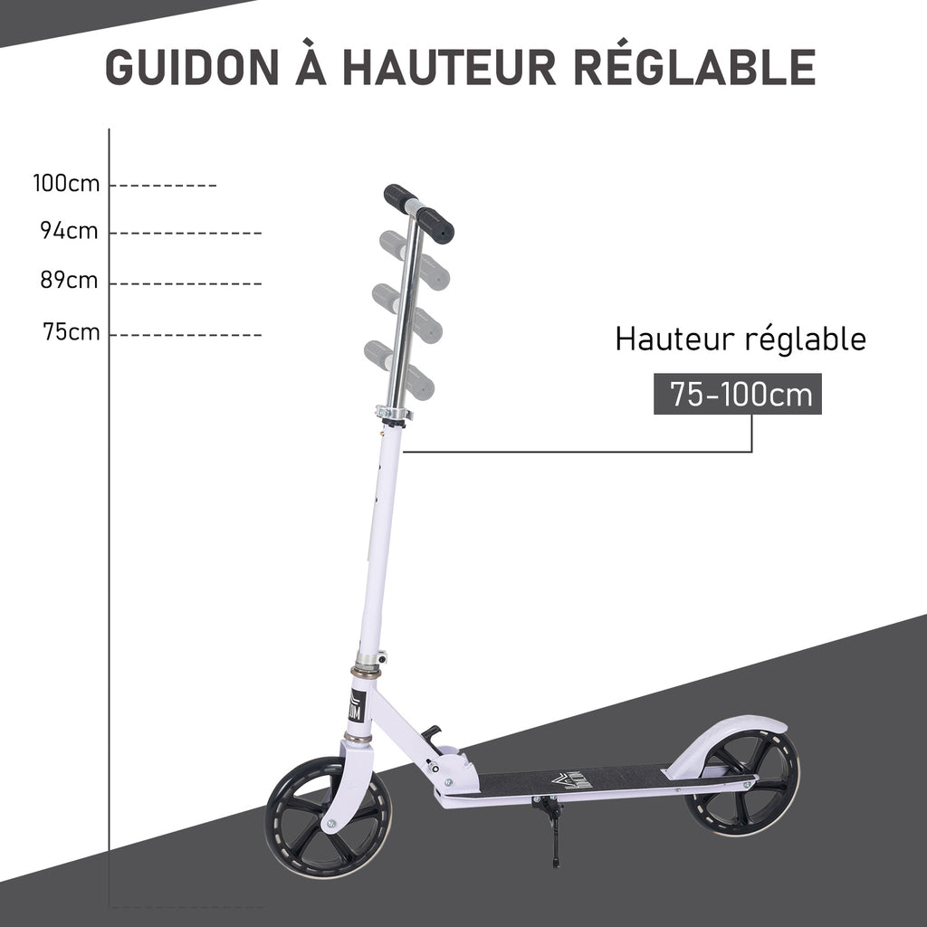 Trottinette Pliable Hauteur Guidon réglable sur 4 Niveaux système de freinage arrière pour enfant adolescent pois max. 100KG dim. 88L x 37l x 75-100H cm Blanc