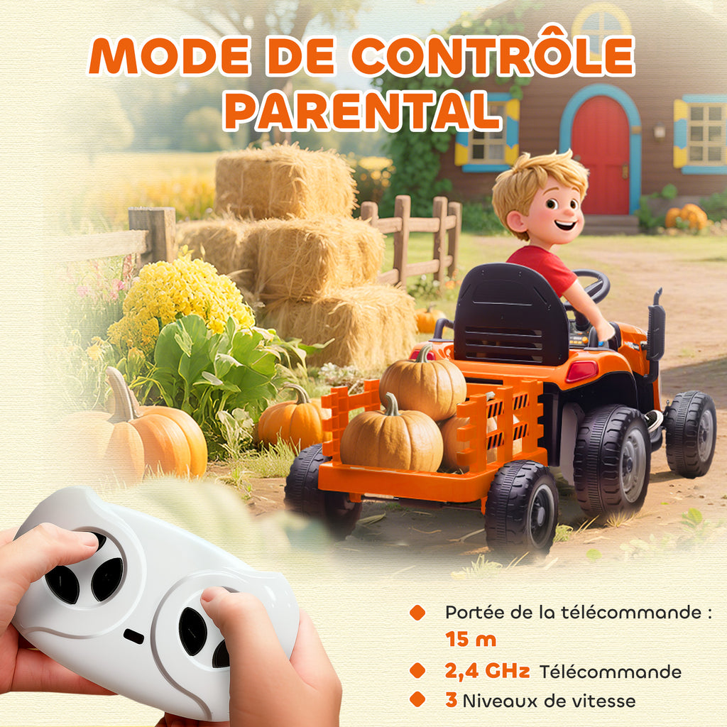 Tracteur électrique enfants avec remorque amovible, voiture électrique enfants, télécommande 2,4G, 139x58x55cm, orange