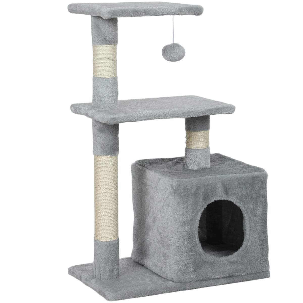 Arbre à chat tour de jeux pour chats poteaux en sisal, 2 plate-forme, niche, balle, tissu peluche, 50x30x81,5cm, gris