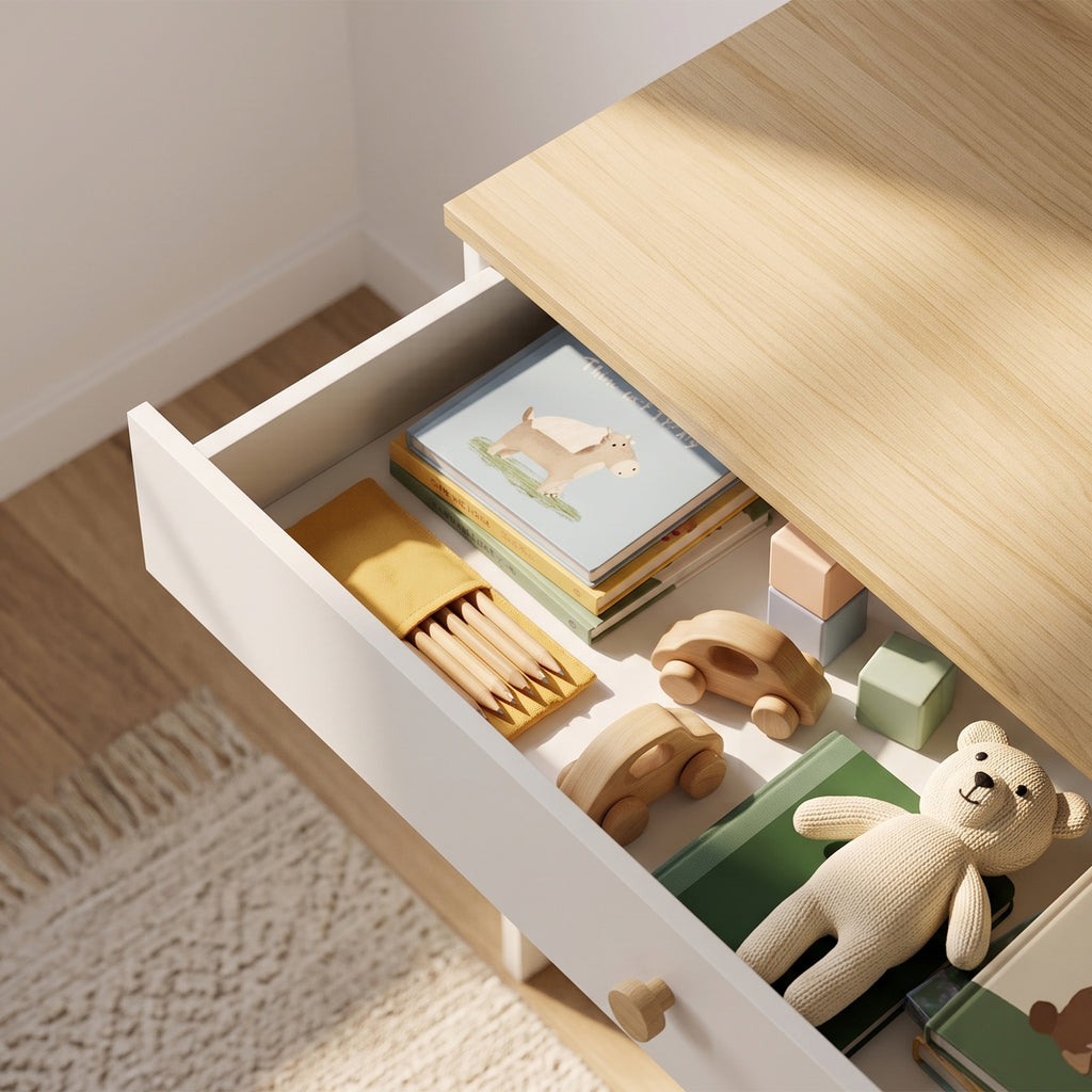 Bureau Enfant en Bois, Bureau avec Rangement, Plateau Large, Tiroir et Étagères Ouvertes, 80 x 50 x 100 cm, Blanc
