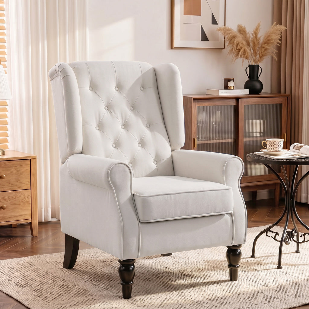Fauteuil de Salon, Fauteuil d'Appoint Mi-Siècle Moderne en Flanelle Neige avec Haut Dossier Capitonné à Oreilles, Crème