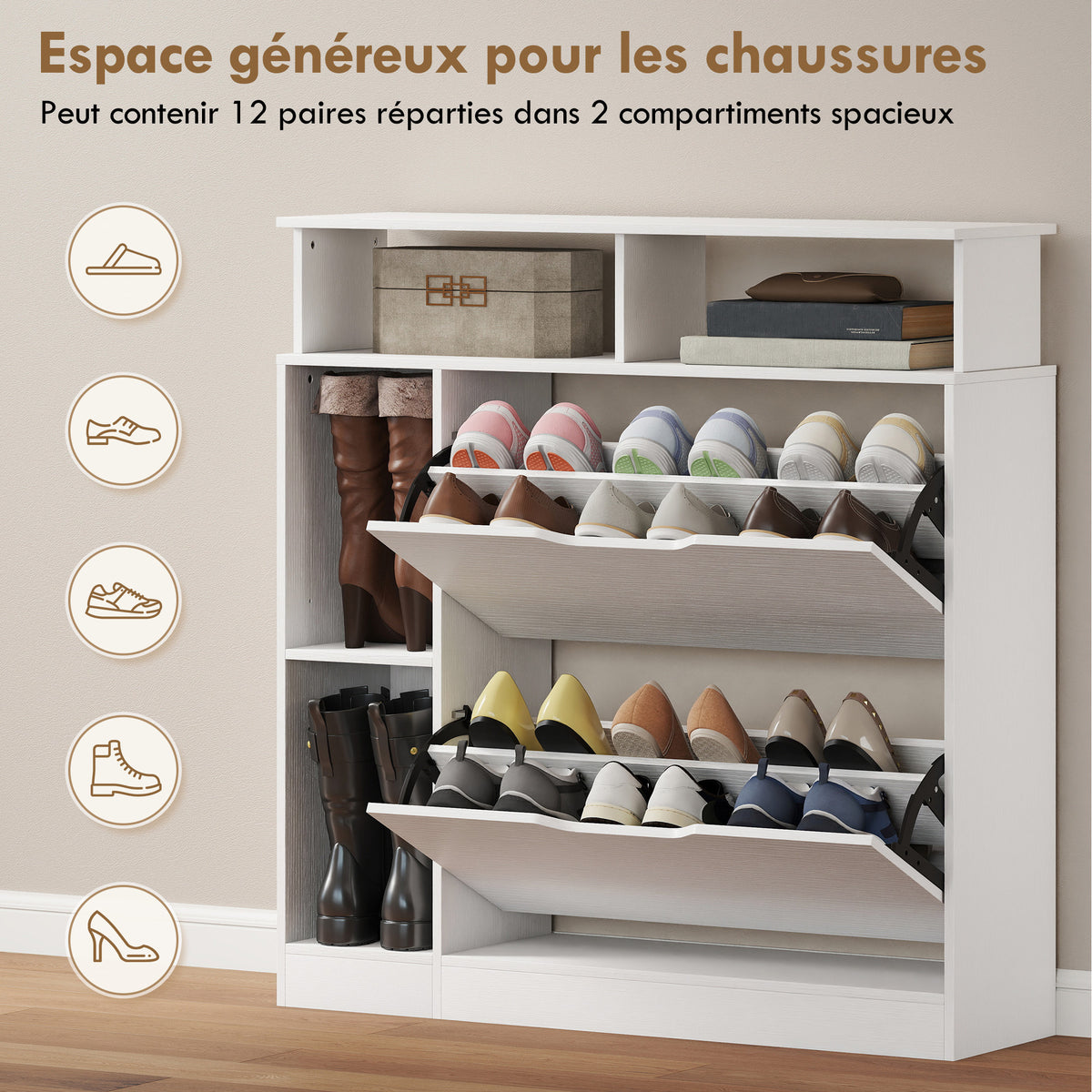 Meuble à chaussures, armoire à chaussures, 2 tiroirs rabattables, compartiments ouverts et étagère réglable, blanc