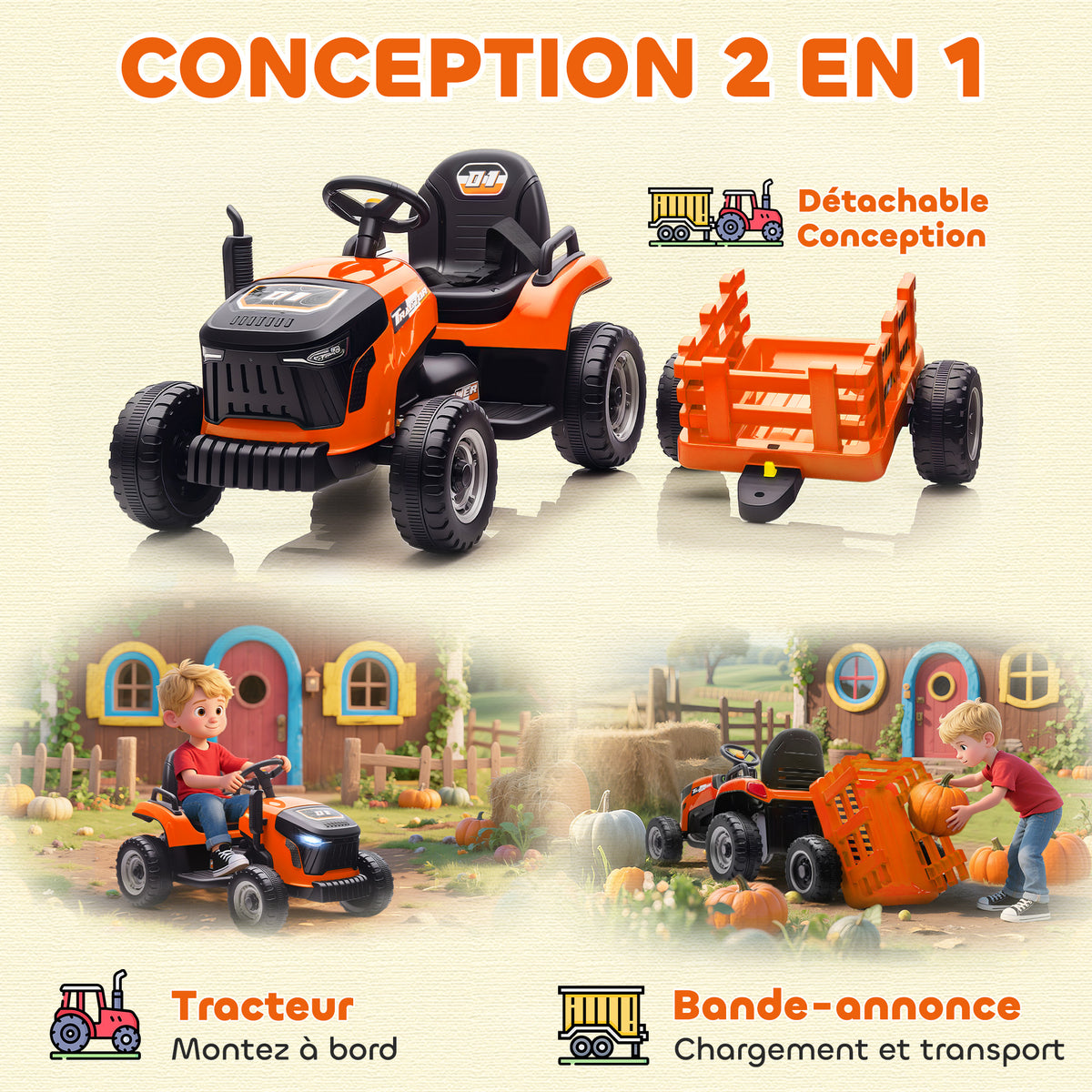 Tracteur électrique enfants avec remorque amovible, voiture électrique enfants, télécommande 2,4G, 139x58x55cm, orange