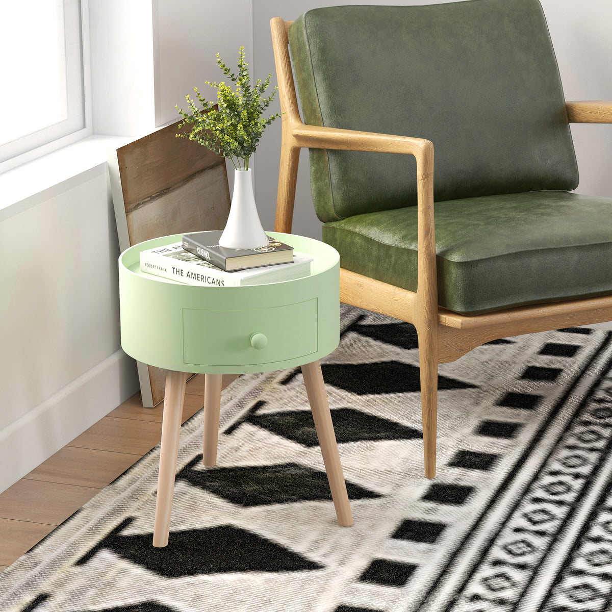 Table basse table de chevet table de nuit ronde design scandinave bout de canapé avec tiroir pieds effilés inclinés