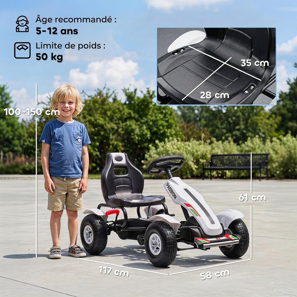 Kart à pédales pour enfant siège réglable 3 positions frein à main enfant de 5 à 12 ans blanc noir