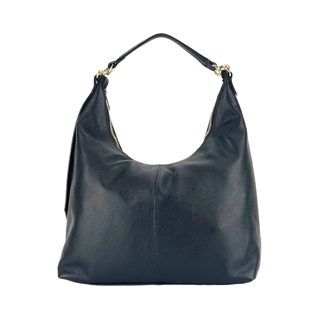 RB1017A | Women's Soft Shoulder Bag in Genuine Leather Made in Italy with a single handle and removable shoulder strap. Attachments with shiny gold metal snap hooks - Color: Black - Dimensions: 36 x 40 x 13 cm
