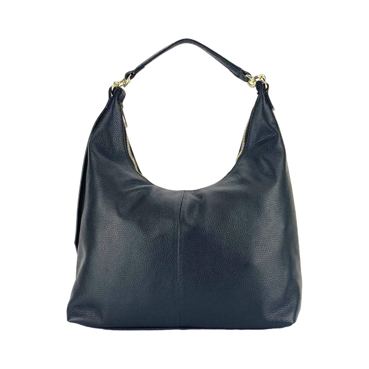RB1017A | Women's Soft Shoulder Bag in Genuine Leather Made in Italy with a single handle and removable shoulder strap. Attachments with shiny gold metal snap hooks - Color: Black - Dimensions: 36 x 40 x 13 cm