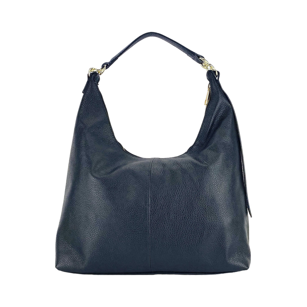 RB1017A | Women's Soft Shoulder Bag in Genuine Leather Made in Italy with a single handle and removable shoulder strap. Attachments with shiny gold metal snap hooks - Color: Black - Dimensions: 36 x 40 x 13 cm