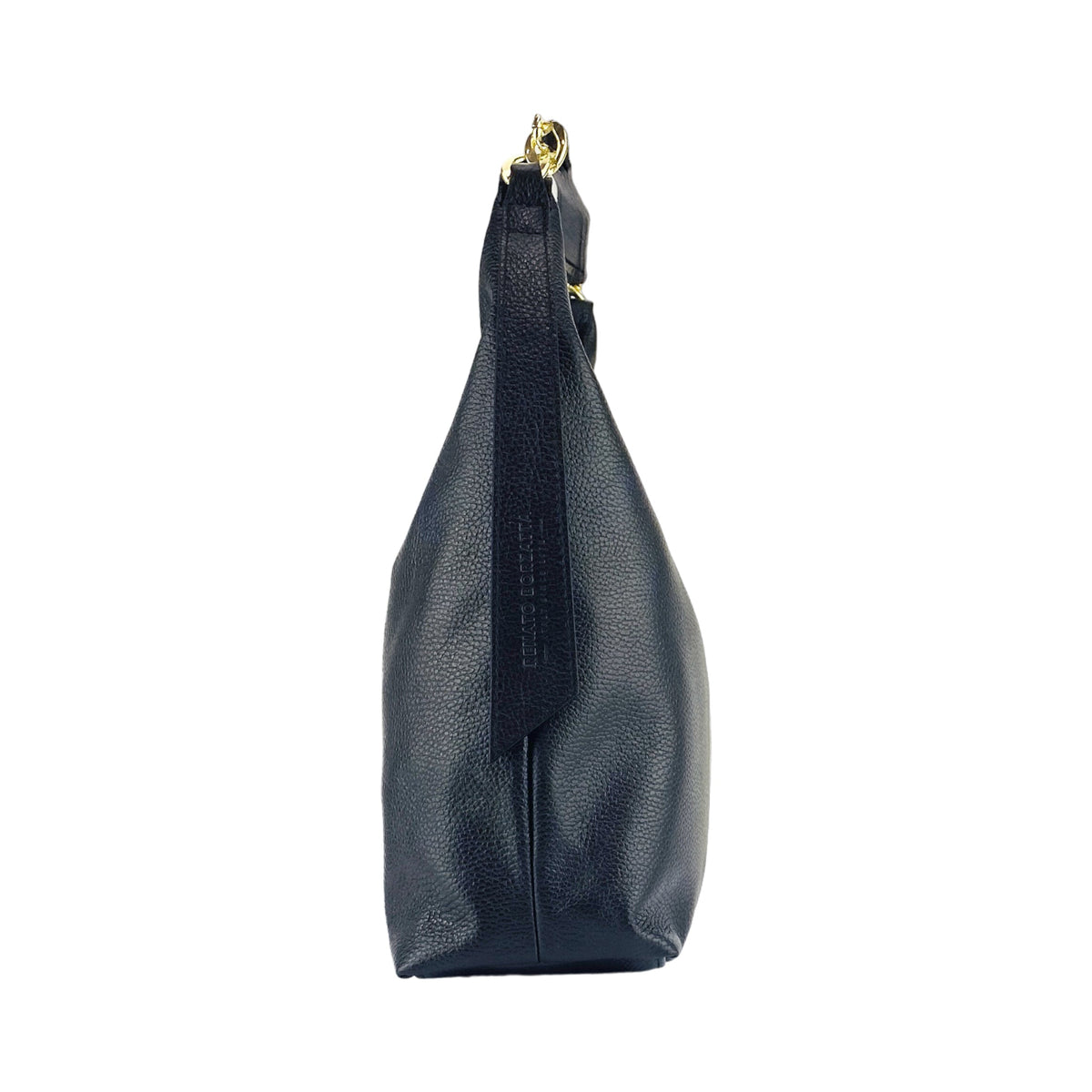 RB1017A | Women's Soft Shoulder Bag in Genuine Leather Made in Italy with a single handle and removable shoulder strap. Attachments with shiny gold metal snap hooks - Color: Black - Dimensions: 36 x 40 x 13 cm