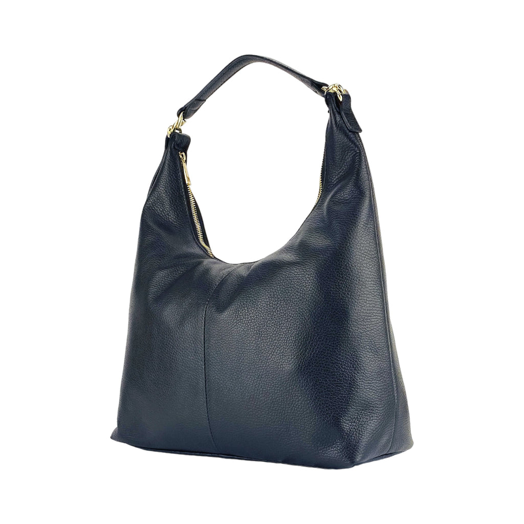 RB1017A | Women's Soft Shoulder Bag in Genuine Leather Made in Italy with a single handle and removable shoulder strap. Attachments with shiny gold metal snap hooks - Color: Black - Dimensions: 36 x 40 x 13 cm