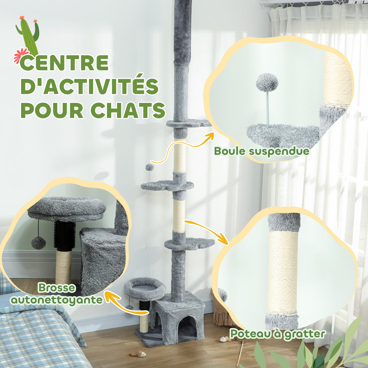 Arbre à chat du sol au plafond, tour à chat réglable en hauteur 225-255 cm à plusieurs niveaux, revêtement peluche, gris