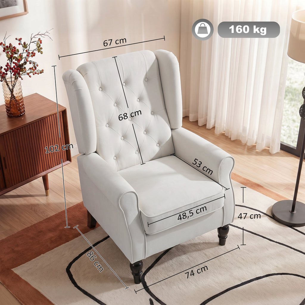 Fauteuil de Salon, Fauteuil d'Appoint Mi-Siècle Moderne en Flanelle Neige avec Haut Dossier Capitonné à Oreilles, Crème