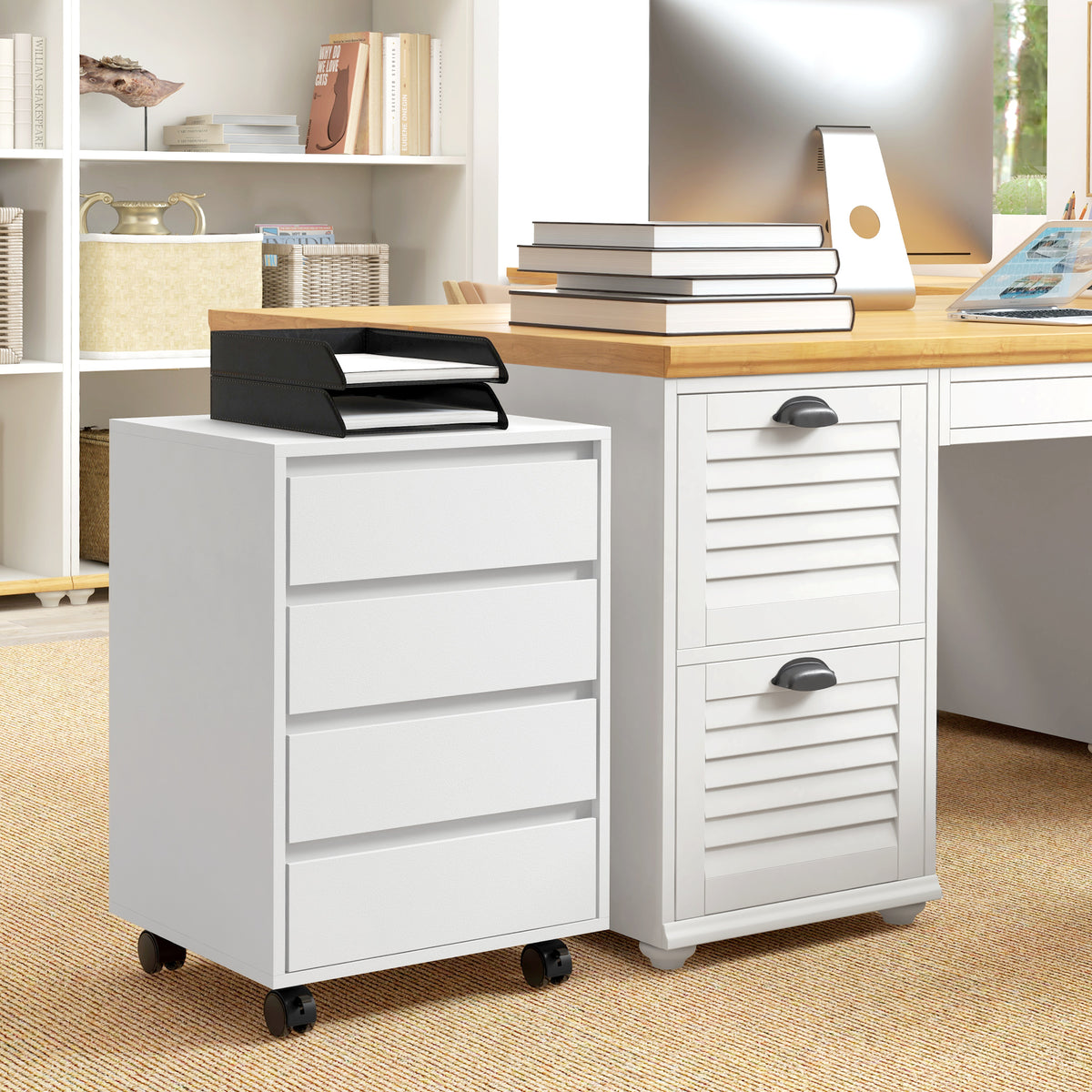 Caisson de bureau rangement bureau sur roulettes 4 tiroirs coulissants en bois aspect bois blanc