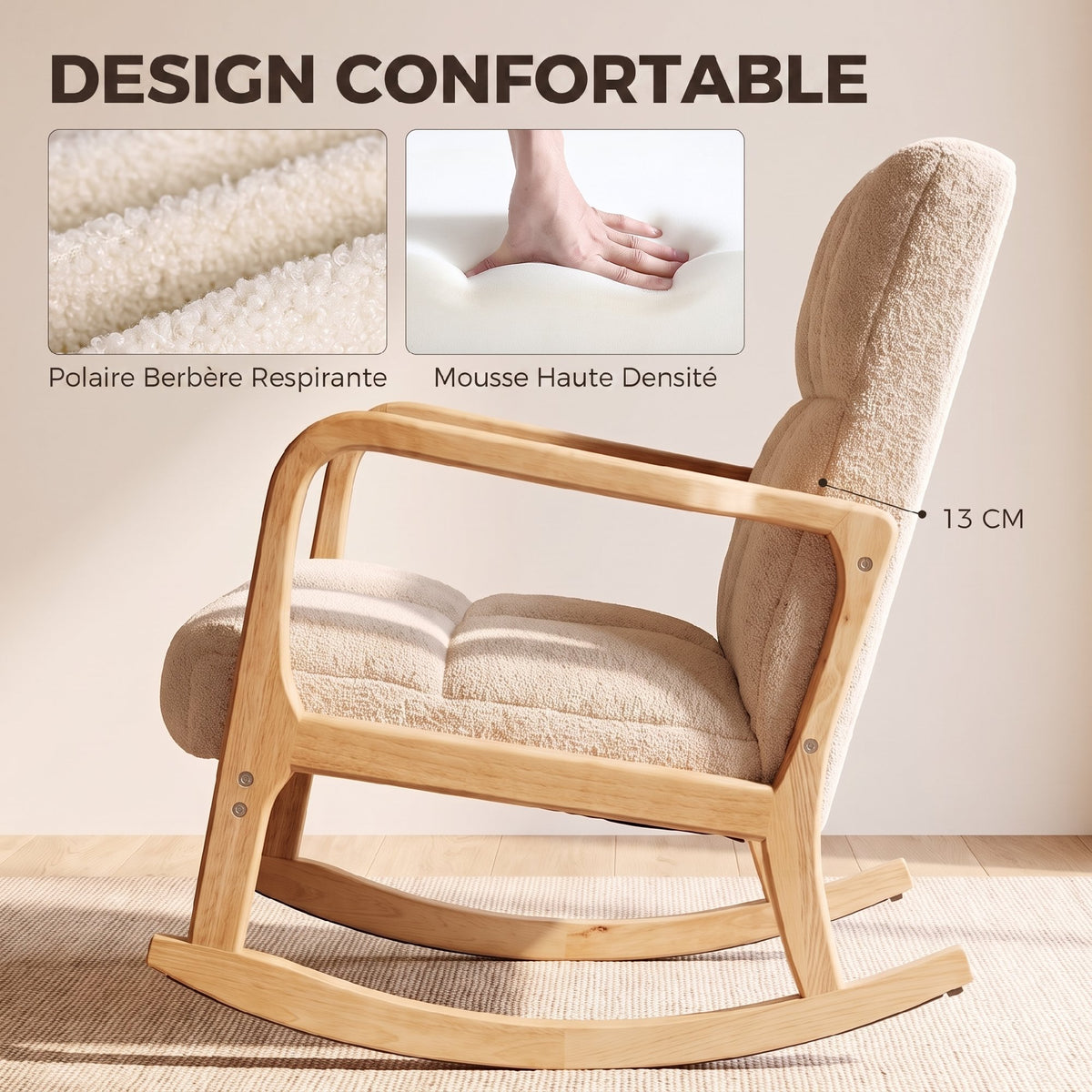 Fauteuil à Bascule avec Repose-Pieds, Rocking Chair en Tissu Bouclette, Pieds en Bois, 64,5 x 82 x 89 cm, Beige