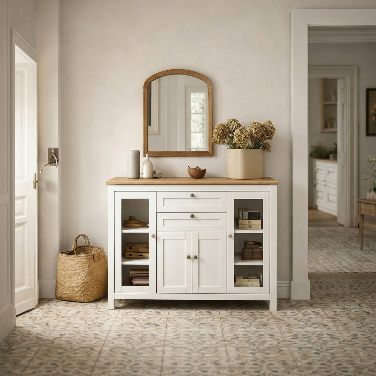 Buffet salon, meuble de rangement avec 1 placard double porte, 2 placards à porte vitrée, 2 tiroirs et étagère réglable, style moderne, buffet salle à manger et cuisine, 120x40x90cm, blanc