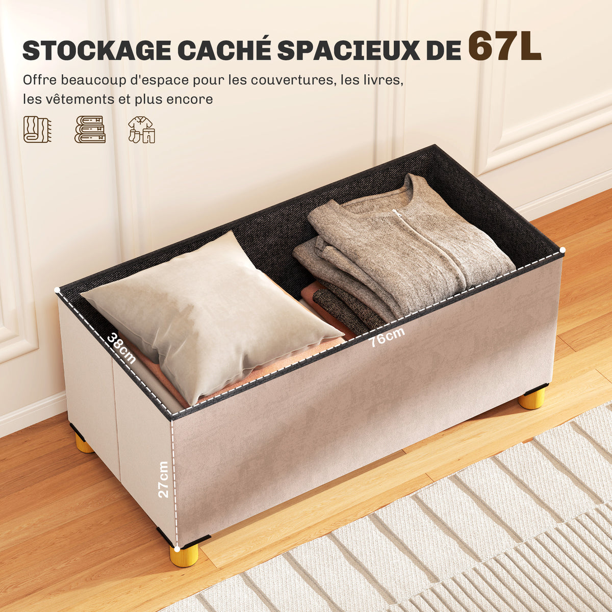 Banc de rangement bout de lit pliable volume 67 L capacité de charge 120 kg avec couvercle 76L x 38l x 38H cm rose