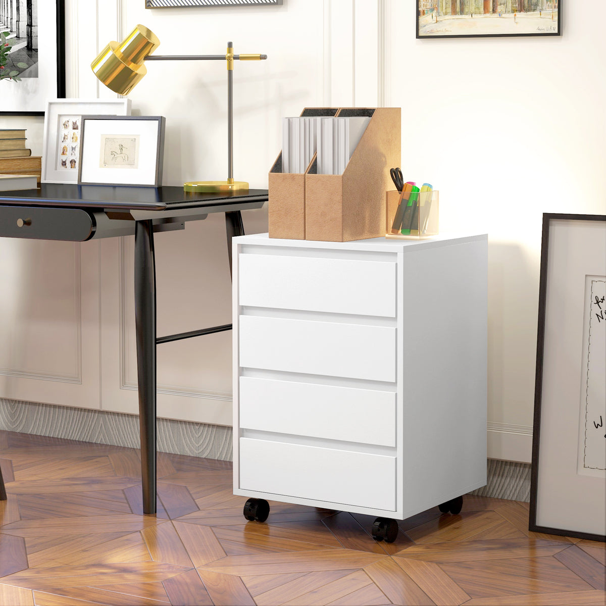 Caisson de bureau rangement bureau sur roulettes 4 tiroirs coulissants en bois aspect bois blanc