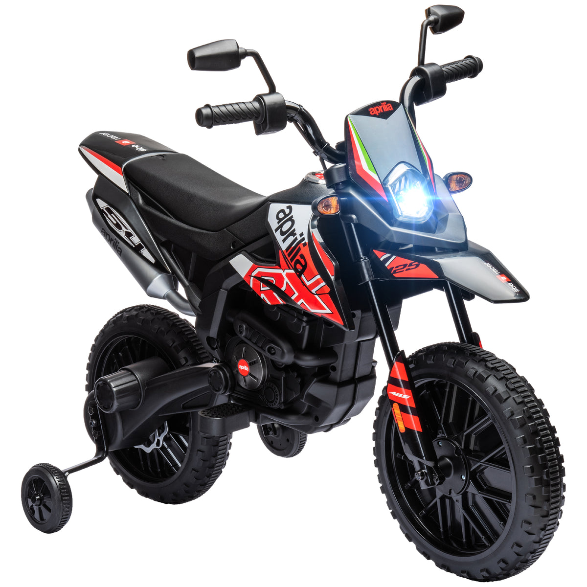 Moto électrique enfants sous licence Aprilia avec 2 moteurs 12V, roues d'entraînement, lumière LED, musique - rouge