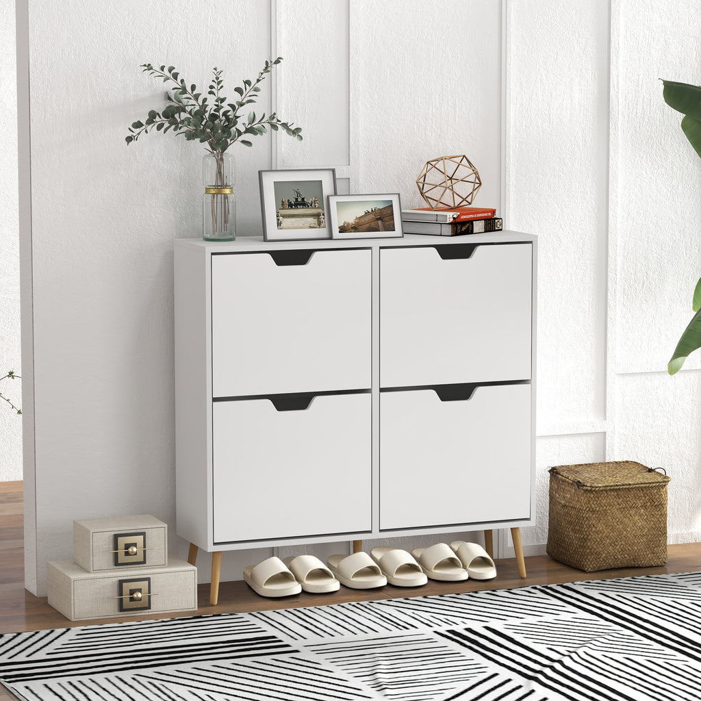 Meuble à chaussures 4 abattants 16 paires avec étagère réglable pieds en bois de pin 95 x 26 x 95 cm blanc