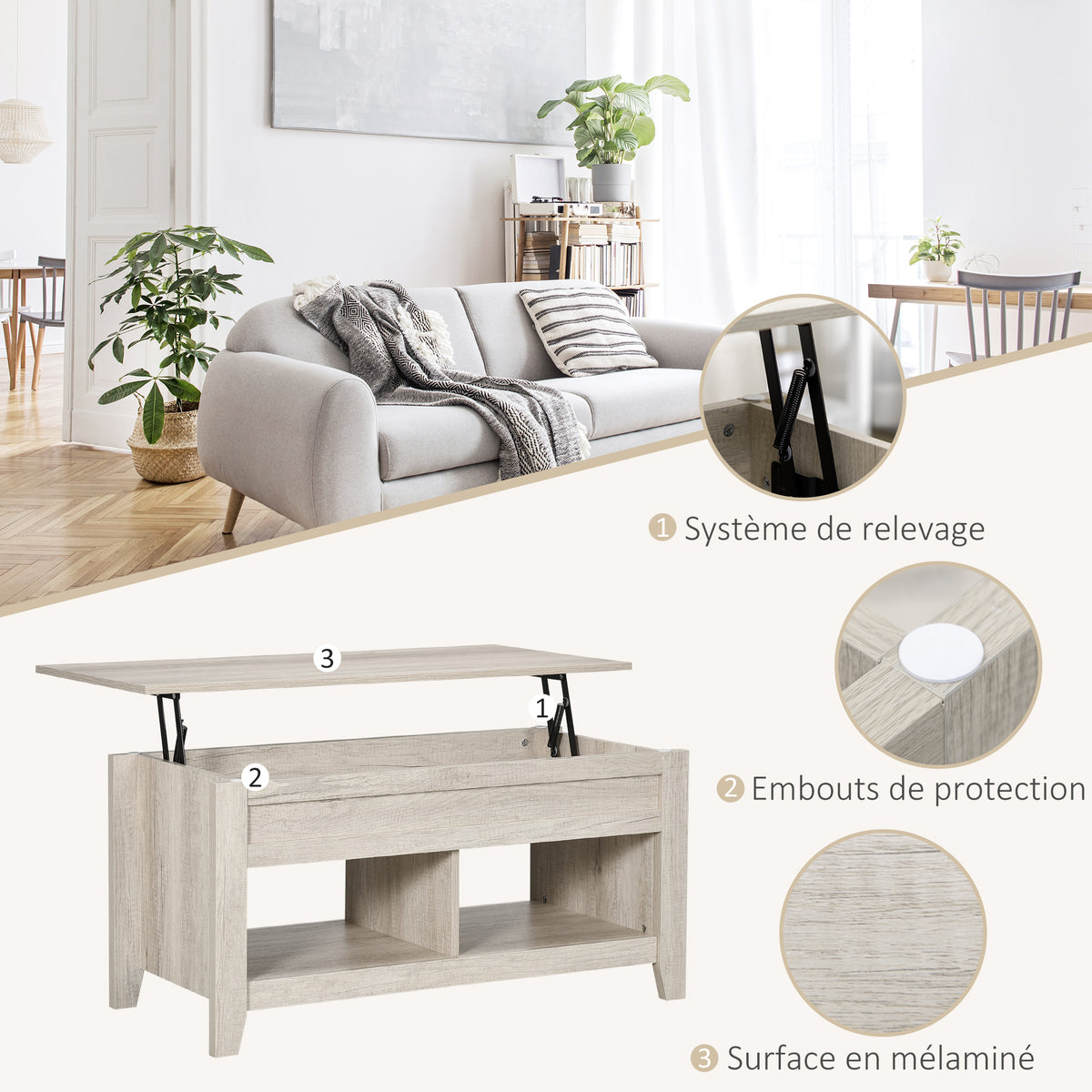 Table basse plateau relevable, table de salon avec étagères et compartiment caché,105 x 50 x 49-62,5 cm pour salon, chambre, aspect chêne clair