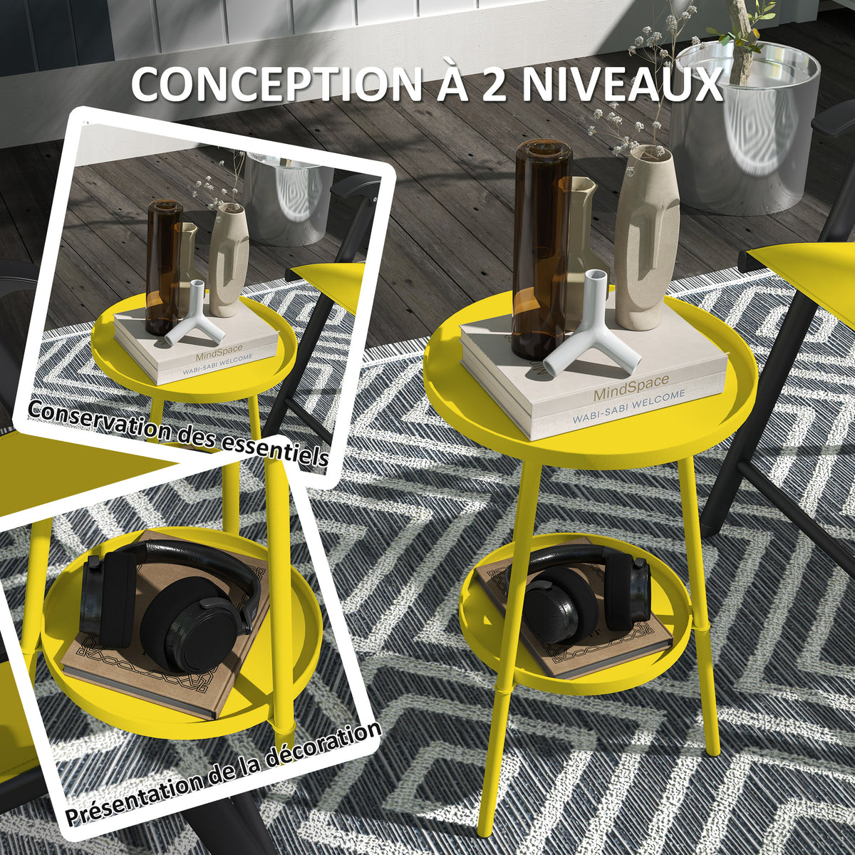 Petite table d'appoint ronde à 2 niveaux table de jardin pour terrasse salon balcon en métal Ø 32 x 51 cm jaune