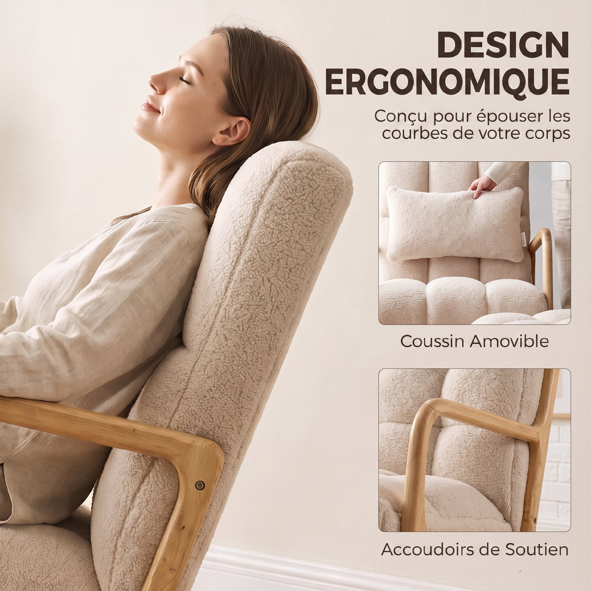Fauteuil à Bascule avec Repose-Pieds, Rocking Chair en Tissu Bouclette, Pieds en Bois, 64,5 x 82 x 89 cm, Beige