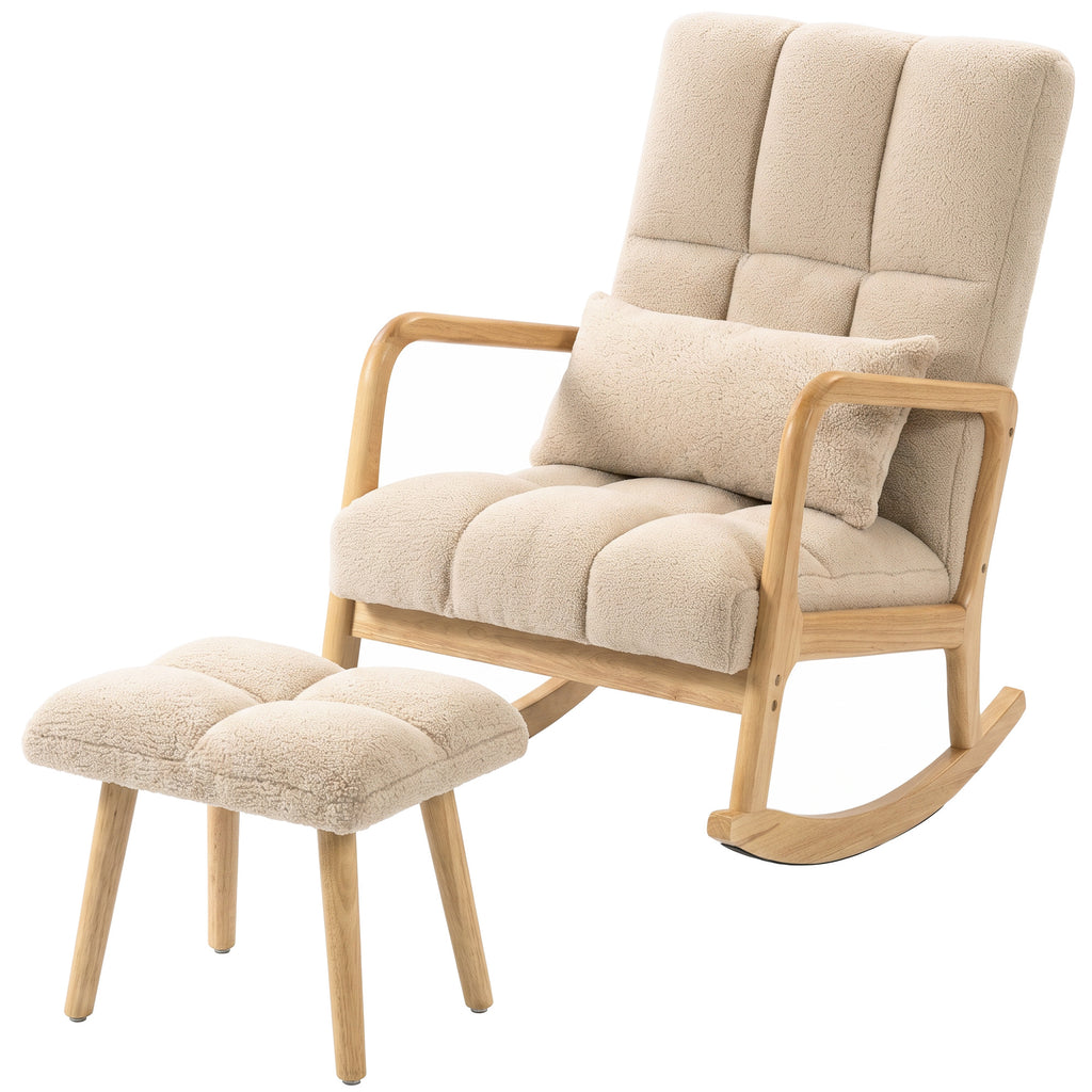 Fauteuil à Bascule avec Repose-Pieds, Rocking Chair en Tissu Bouclette, Pieds en Bois, 64,5 x 82 x 89 cm, Beige