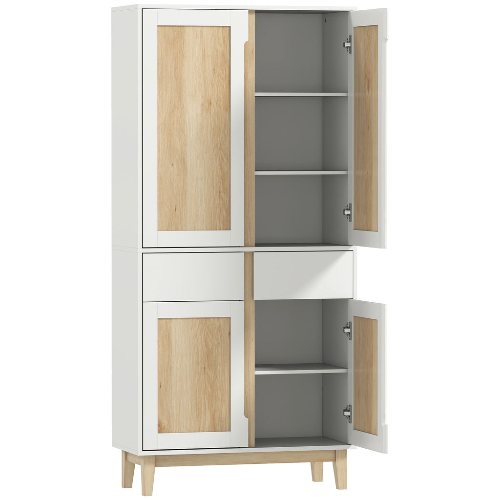 Buffet haut cuisine, armoire de cuisine avec 4 portes, 2 tiroirs et étagères réglables, 80x35x170cm, blanc et chêne