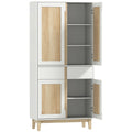 Buffet haut cuisine, armoire de cuisine avec 4 portes, 2 tiroirs et étagères réglables, 80x35x170cm, blanc et chêne