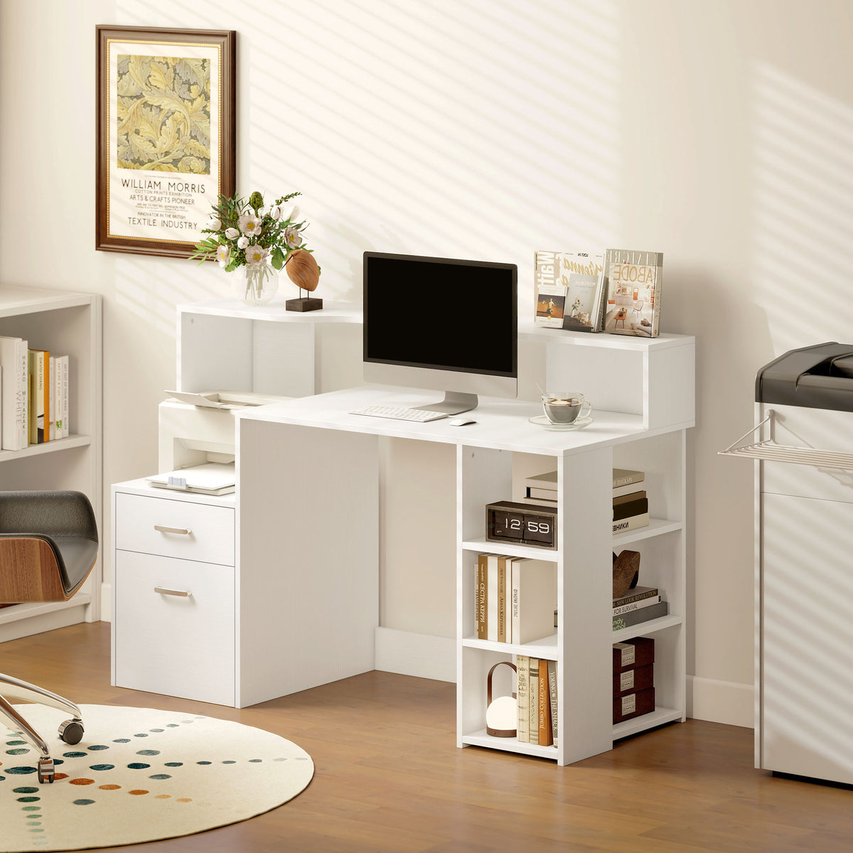 Bureau informatique, bureau avec rangement, 2 tiroirs, étagères ouvertes et tablette d'imprimante, 137x55x92cm, blanc