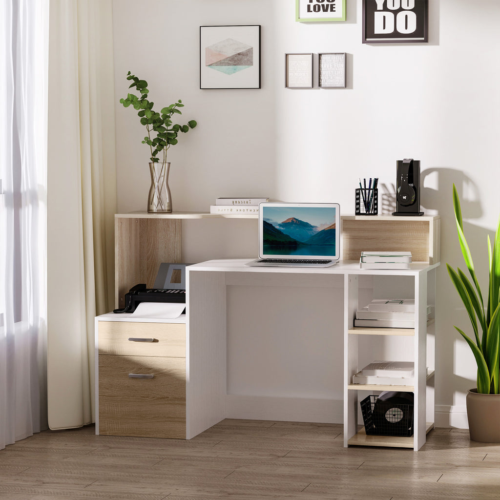 Bureau informatique avec 2 tiroirs, bureau avec rangement, 137 x 55 x 92 cm, étagères ouvertes et tablette