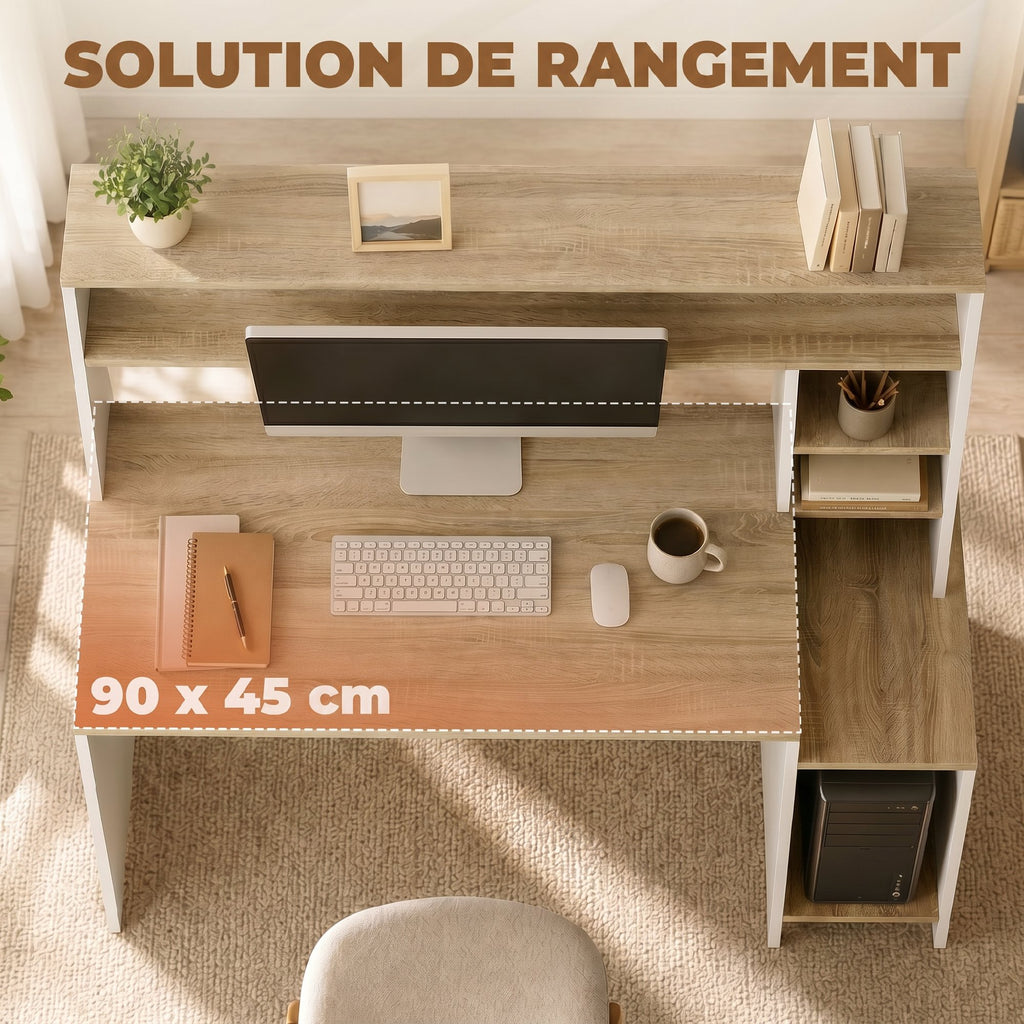 Bureau Informatique, 114 x 45 x 138 cm, Bureau avec Rangement, Étagères Ouvertes et Support UC, Blanc et Bois Naturel