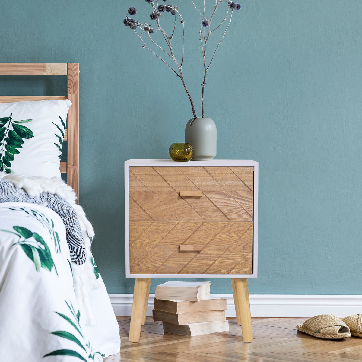 Table de chevet Chiffonnier Commode Meuble de Rangement avec 2 tiroirs Scandinave 40L x 30l x 56H cm en Bois