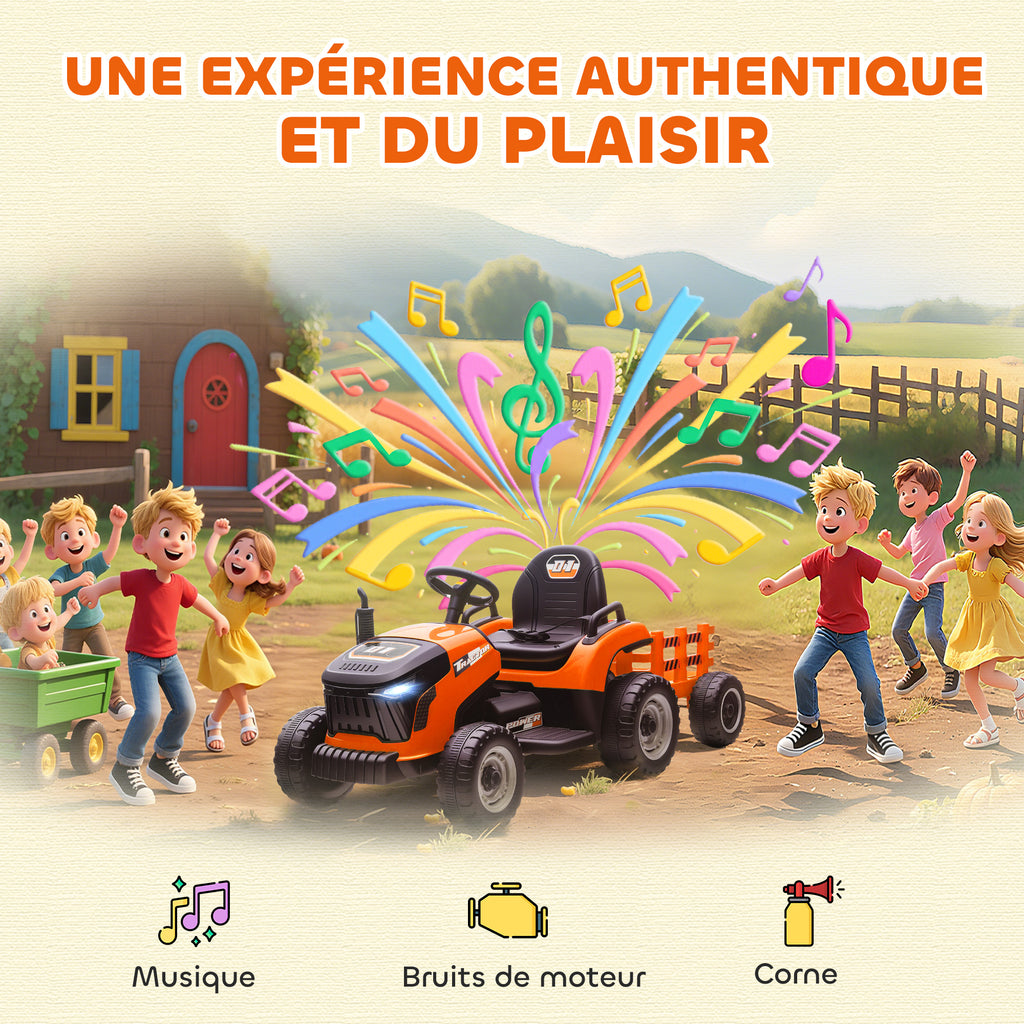 Tracteur électrique enfants avec remorque amovible, voiture électrique enfants, télécommande 2,4G, 139x58x55cm, orange