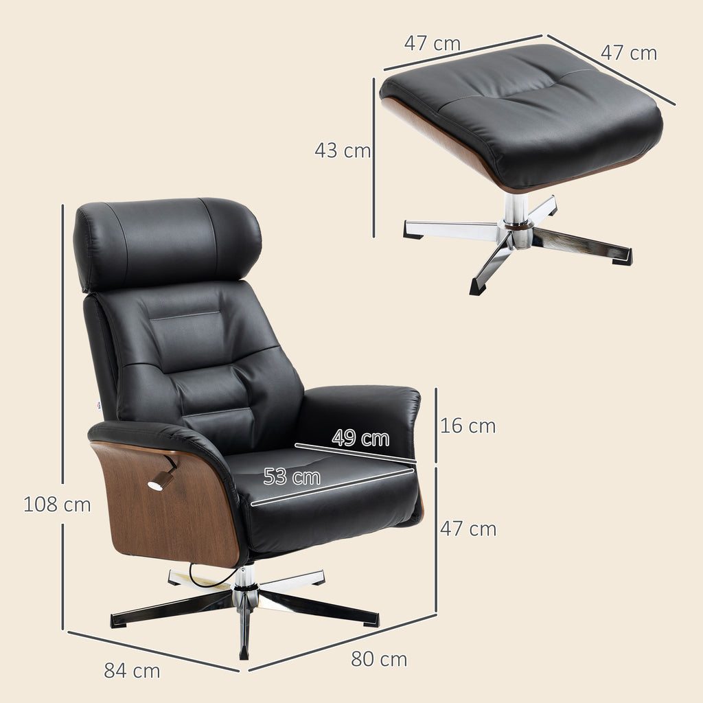 Fauteuil relax avec repose-pied, fauteuil de relaxation avec dossier inclinable, têtière réglable, 80x84x108cm, noir