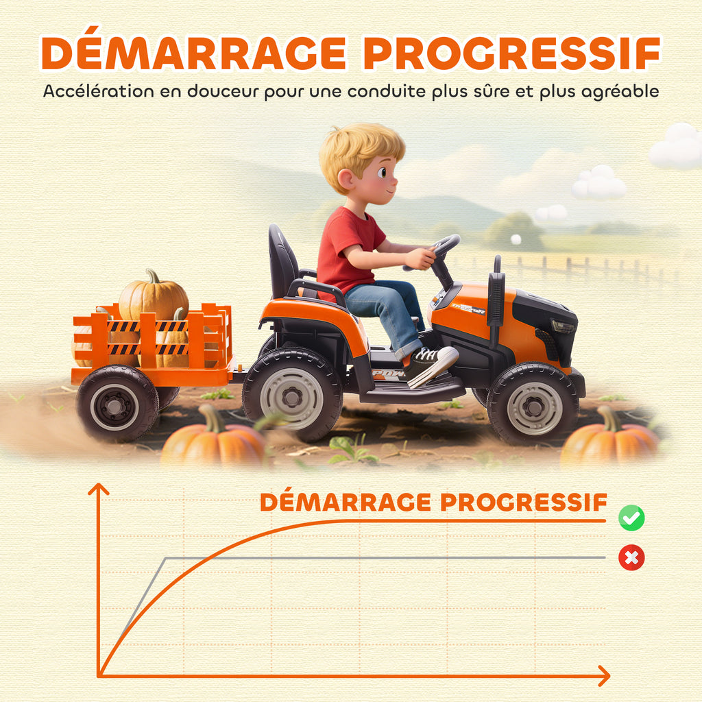 Tracteur électrique enfants avec remorque amovible, voiture électrique enfants, télécommande 2,4G, 139x58x55cm, orange