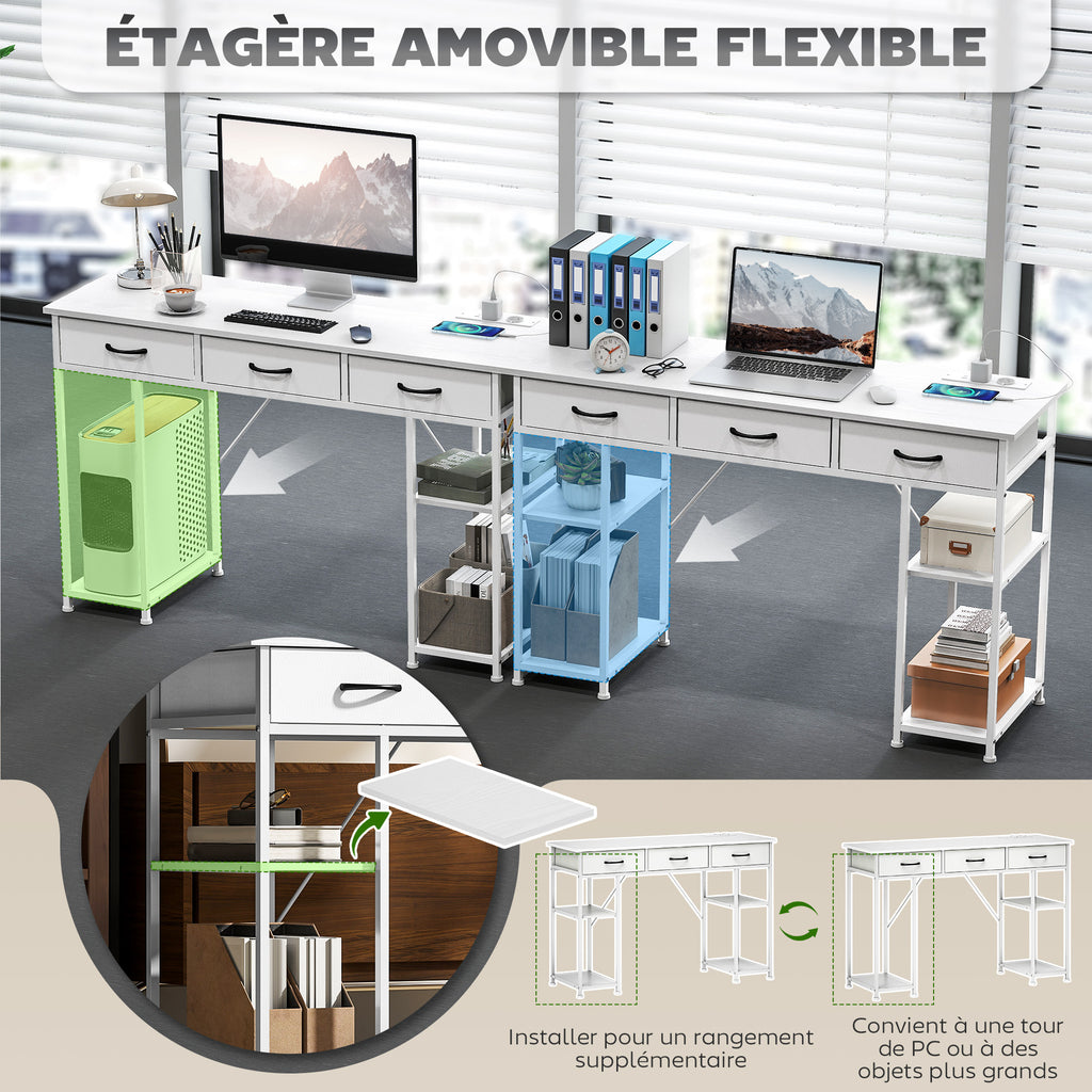 Bureau avec rangement avec prises de courant, 3 tiroirs en tissu et 4 étagères de rangement, 120 x 40 x 76 cm, blanc